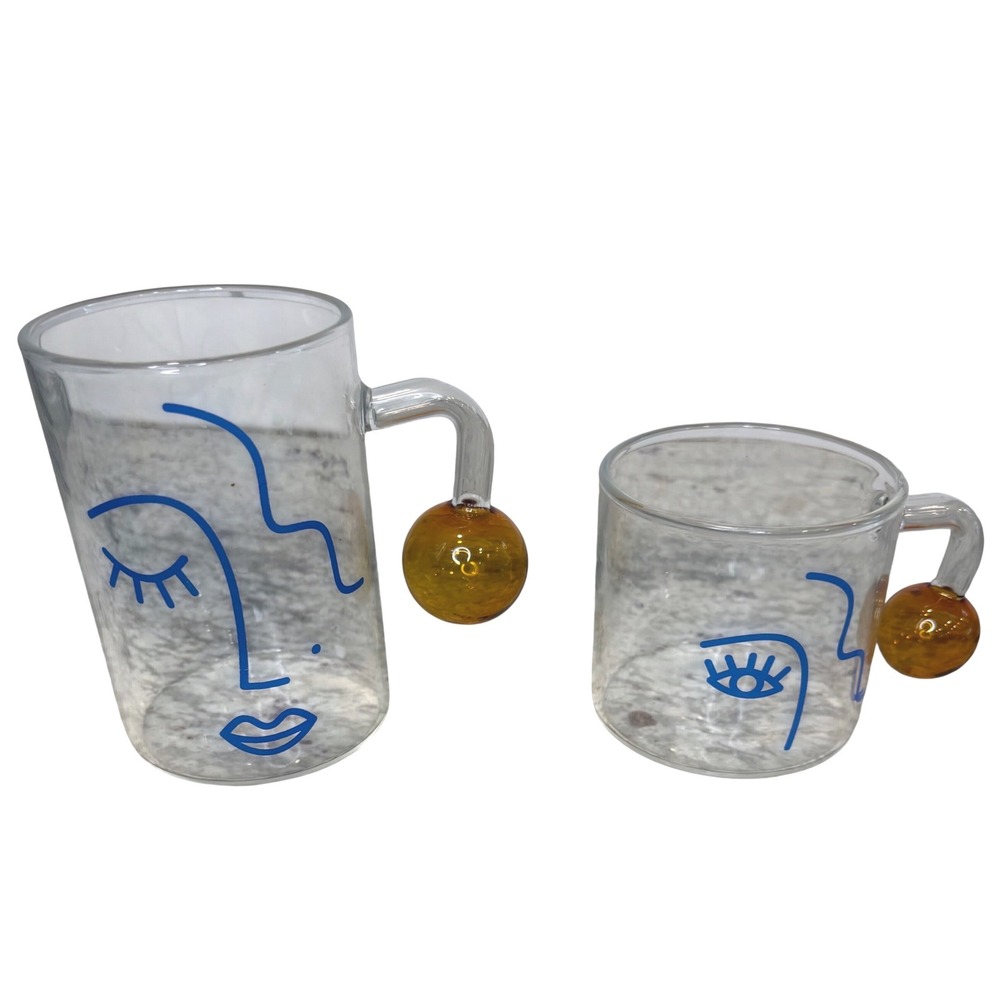Abstract Face Glass Mug Set of 2 Amber Ball Handle Blue Line Art Coffee Tea Cups